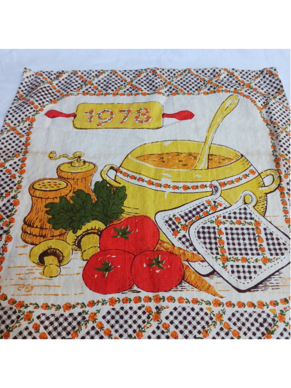 VTG 1978 Tea Towel Calendar Wall Hanging Soup Mushrooms Orange Brown Groovy